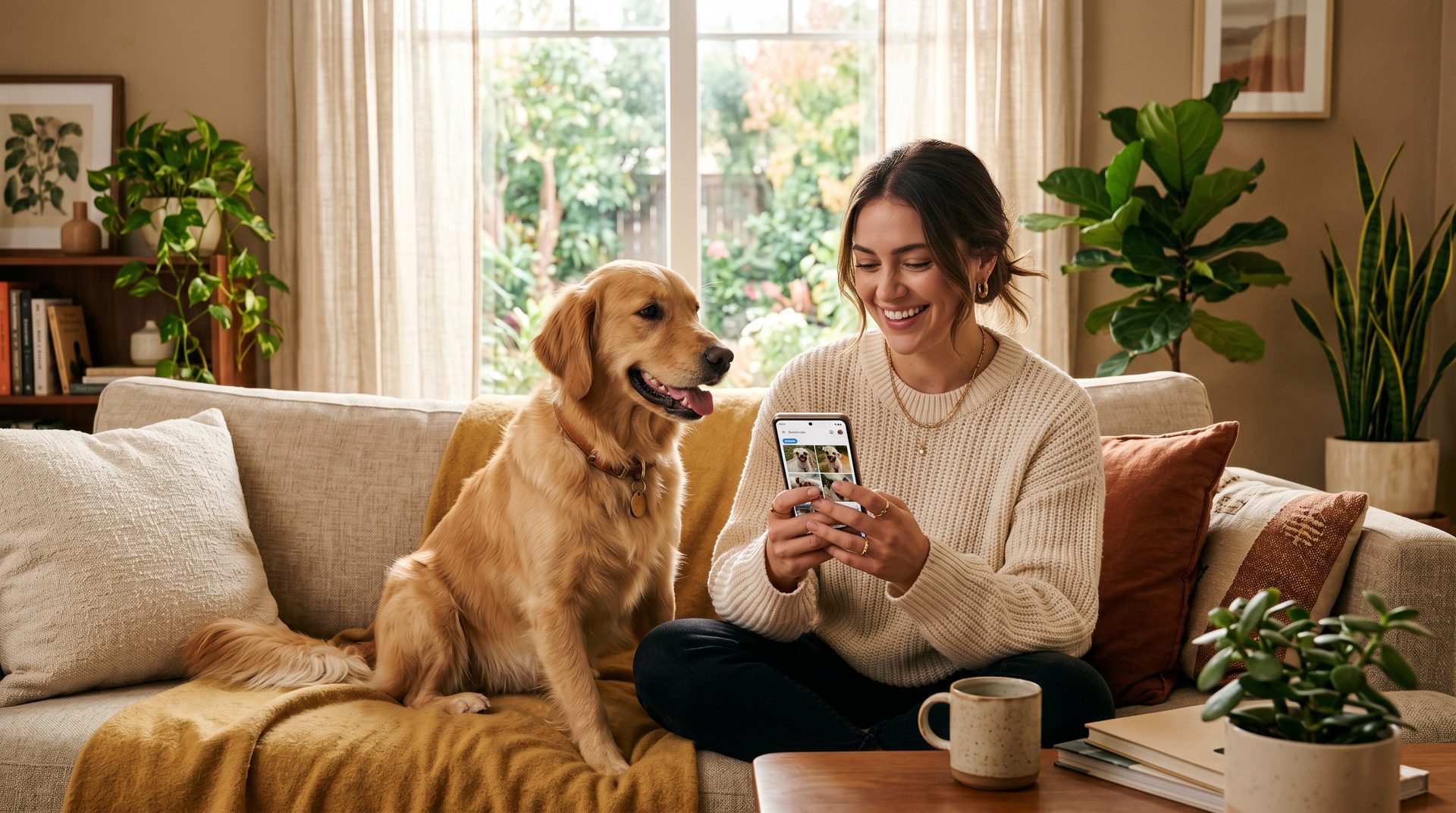 Dog parent and golden retriever relaxing together at home