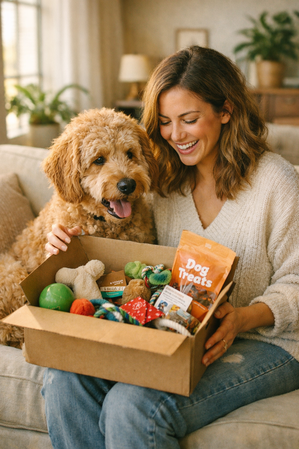 Dog parent opening a PAWZA subscription box with their goldendoodle