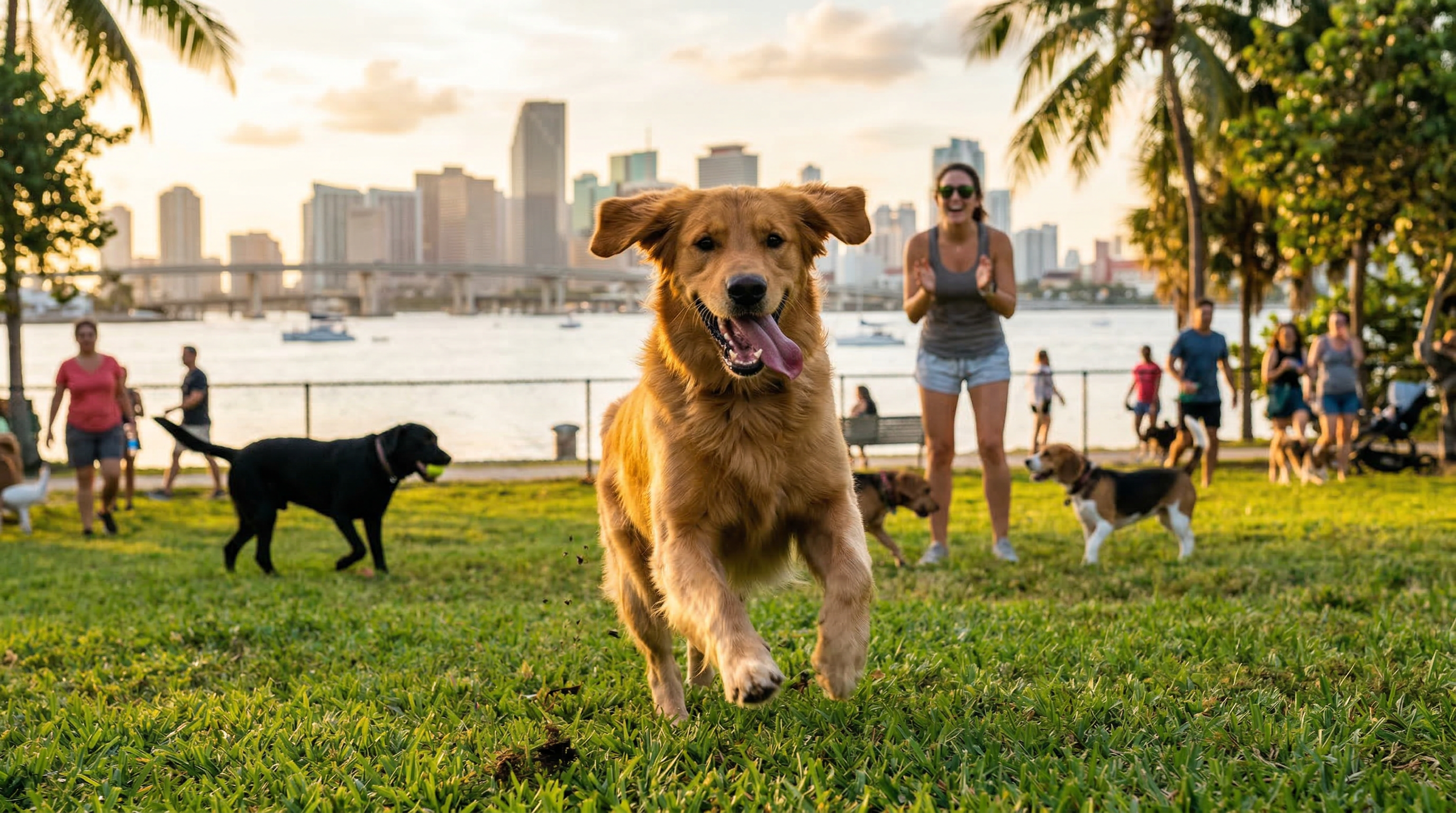 Golden retriever running joyfully at a Miami dog park with Biscayne Bay in the background — PAWZA supplements for dogs who are family