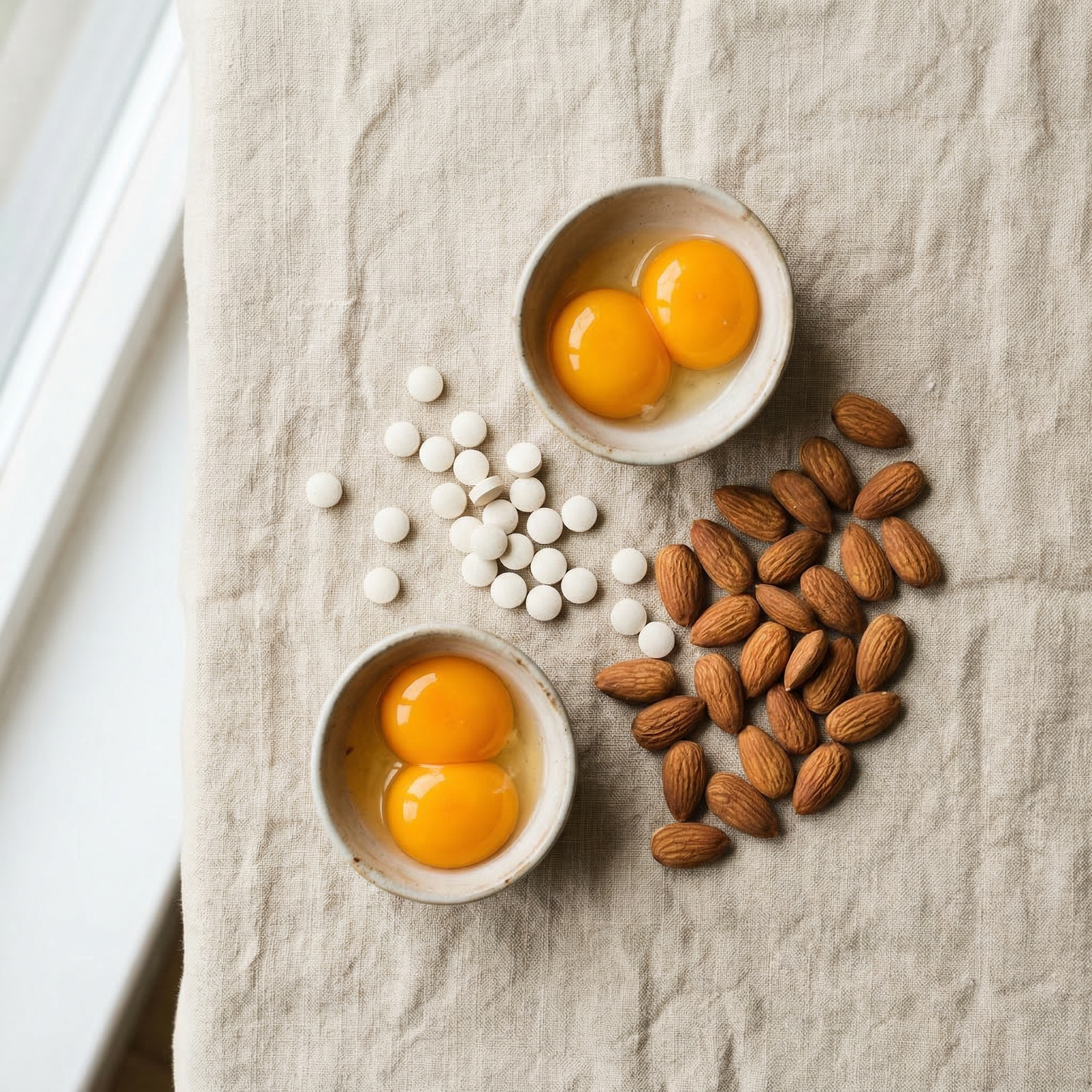 Biotin tablets with egg yolks and almonds