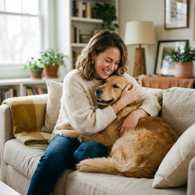 Woman relaxing with her golden retriever