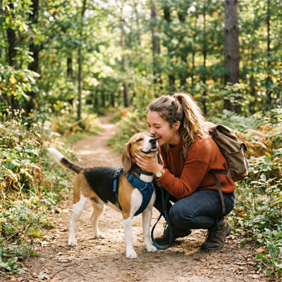 Woman on a trail with her beagle
